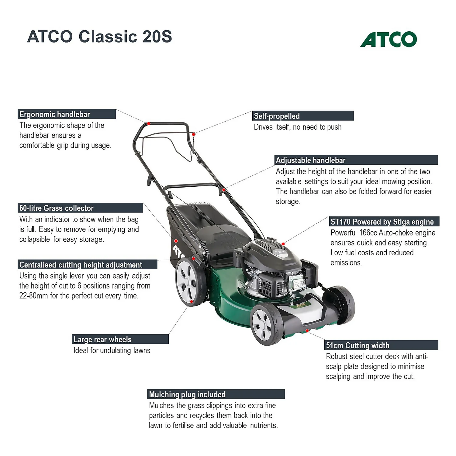Atco 166cc Classic 20S Petrol Lawn Mower- 51cm 4 Atco 166cc Classic 20S Petrol Lawn Mower- 51cm - Image 3