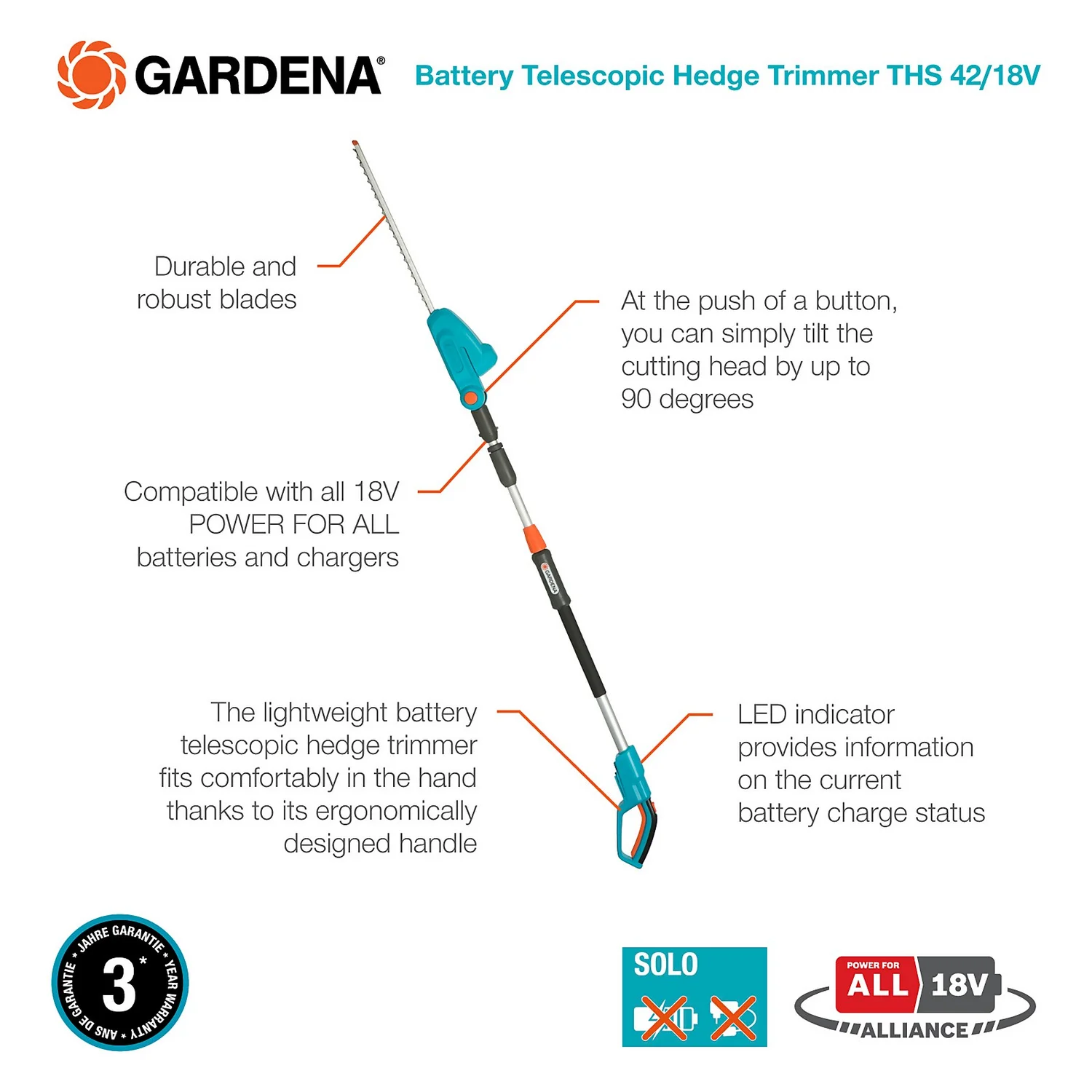 GARDENA Telescopic Cordless 18V Hedge Trimmer 5 GARDENA Telescopic Cordless 18V Hedge Trimmer - Image 3