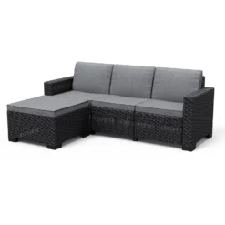 Keter California 3 Seater Outdoor Garden Furniture Chaise Longue - Graphite With Grey Cushions